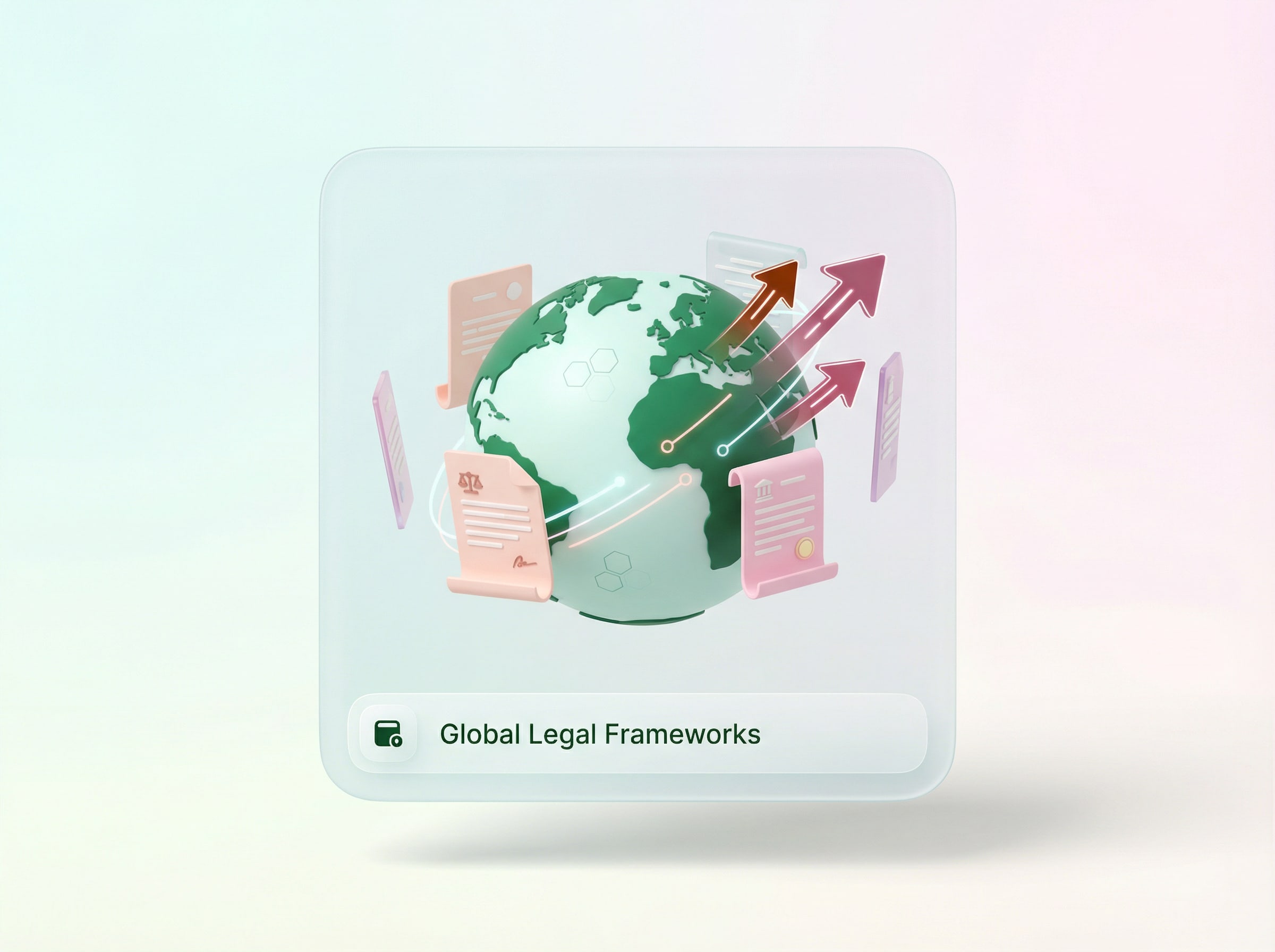 3D illustration of global legal frameworks with international regulations and compliance documents around a world map