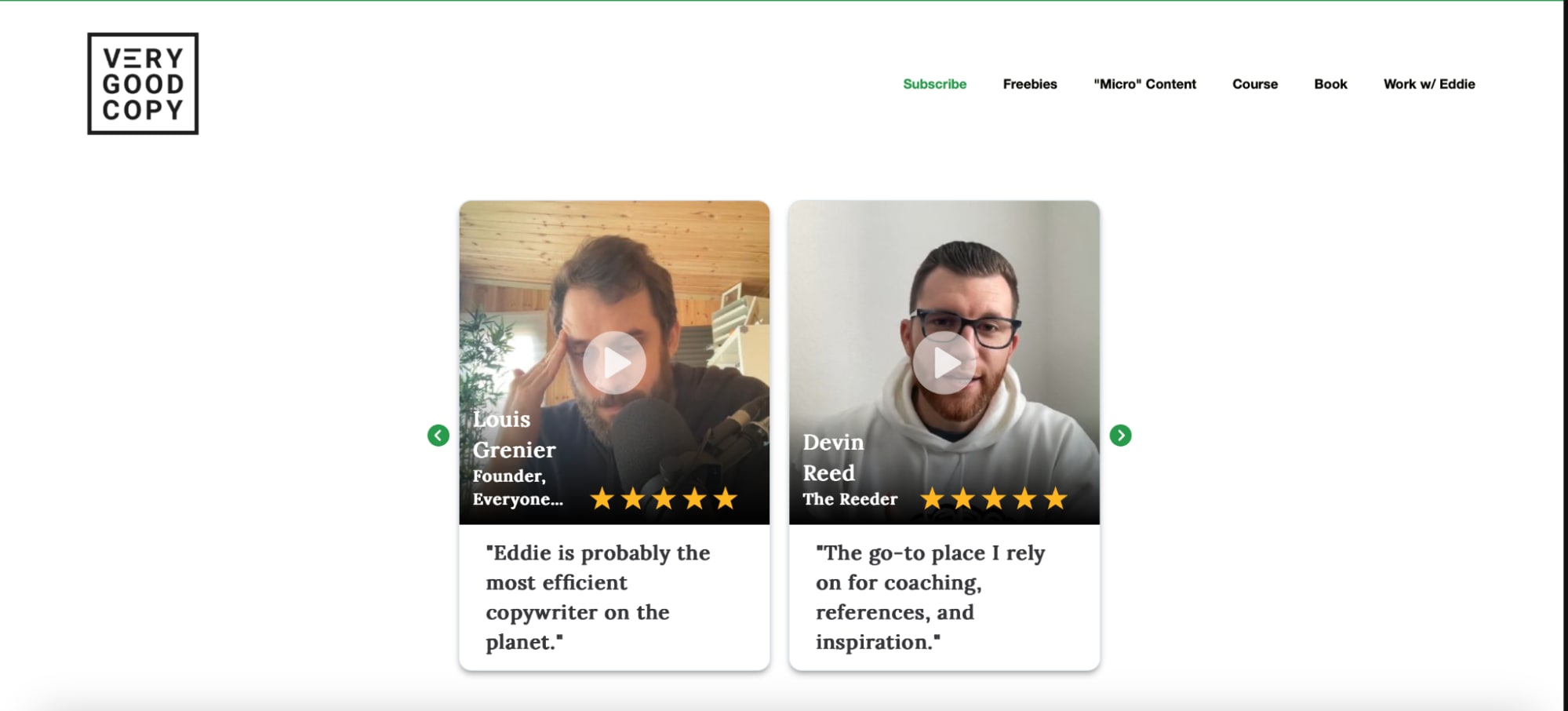 Very Good Copy Testimonial video landing page screenshot