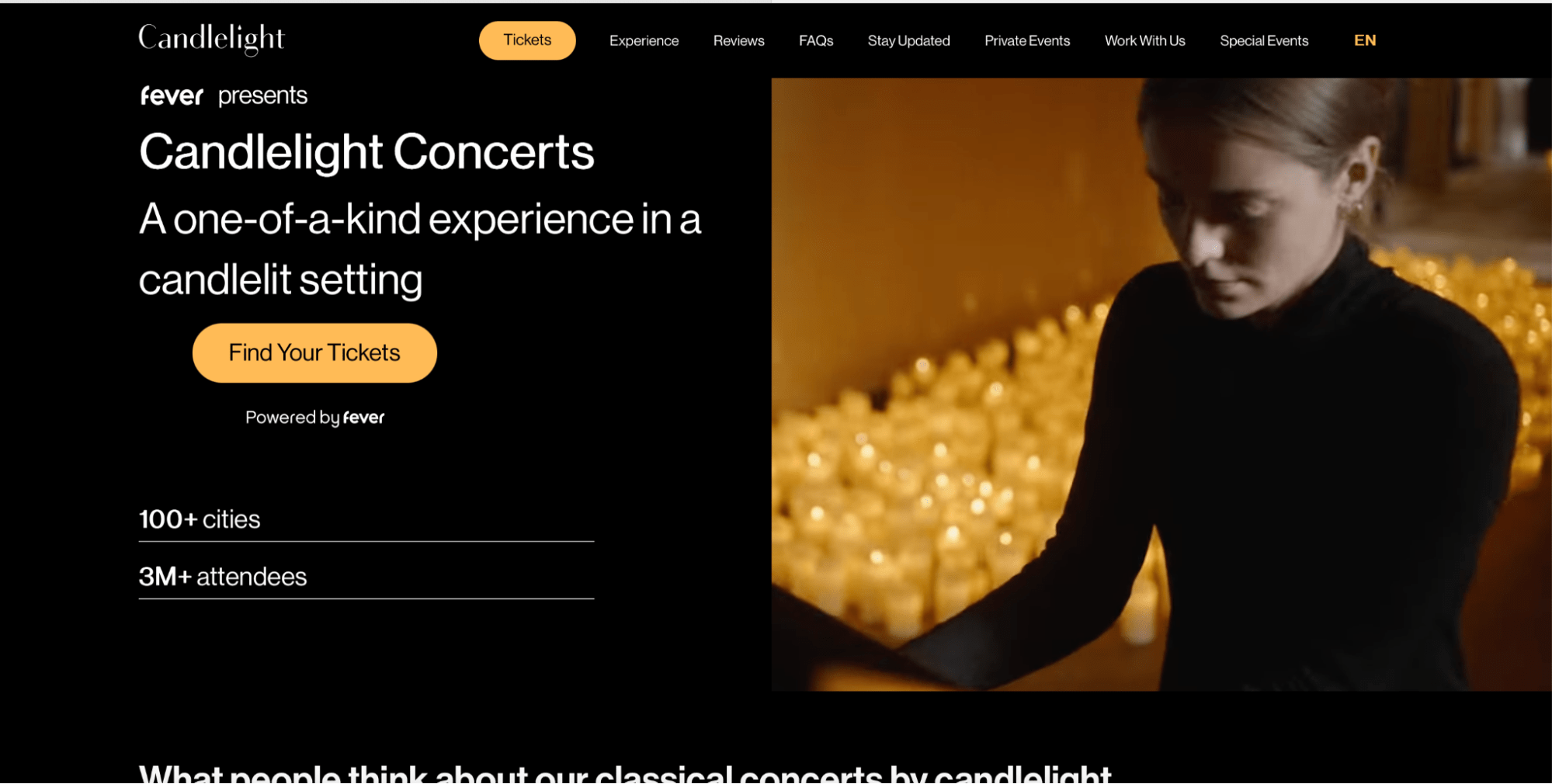 Candlelight Concerts event promotion video landing page screenshot