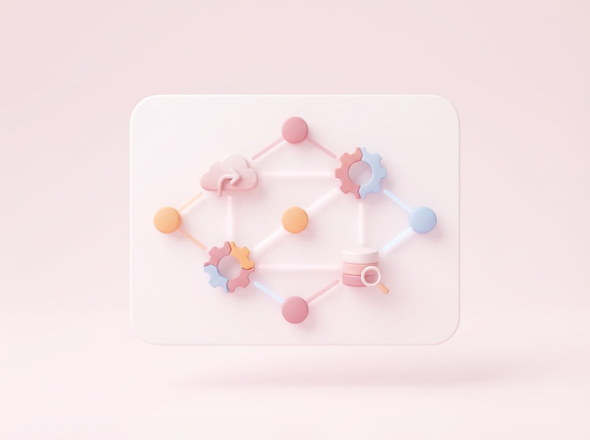3D illustration of connected nodes with cloud, gear, and database icons arranged in a network diagram
