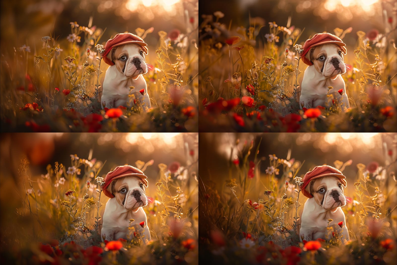 Midjourney generated image of cute bulldog 4 variations with flowers in the background