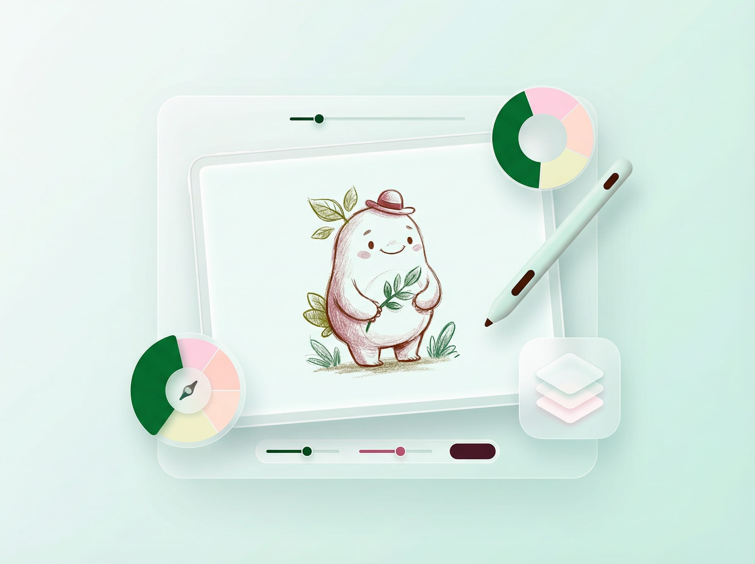 3D illustration of a drawing interface displaying a cute character sketch, with a stylus and color palettes