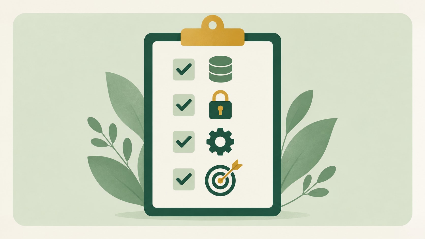 Clipboard checklist with icons for data, access, systems and success metrics