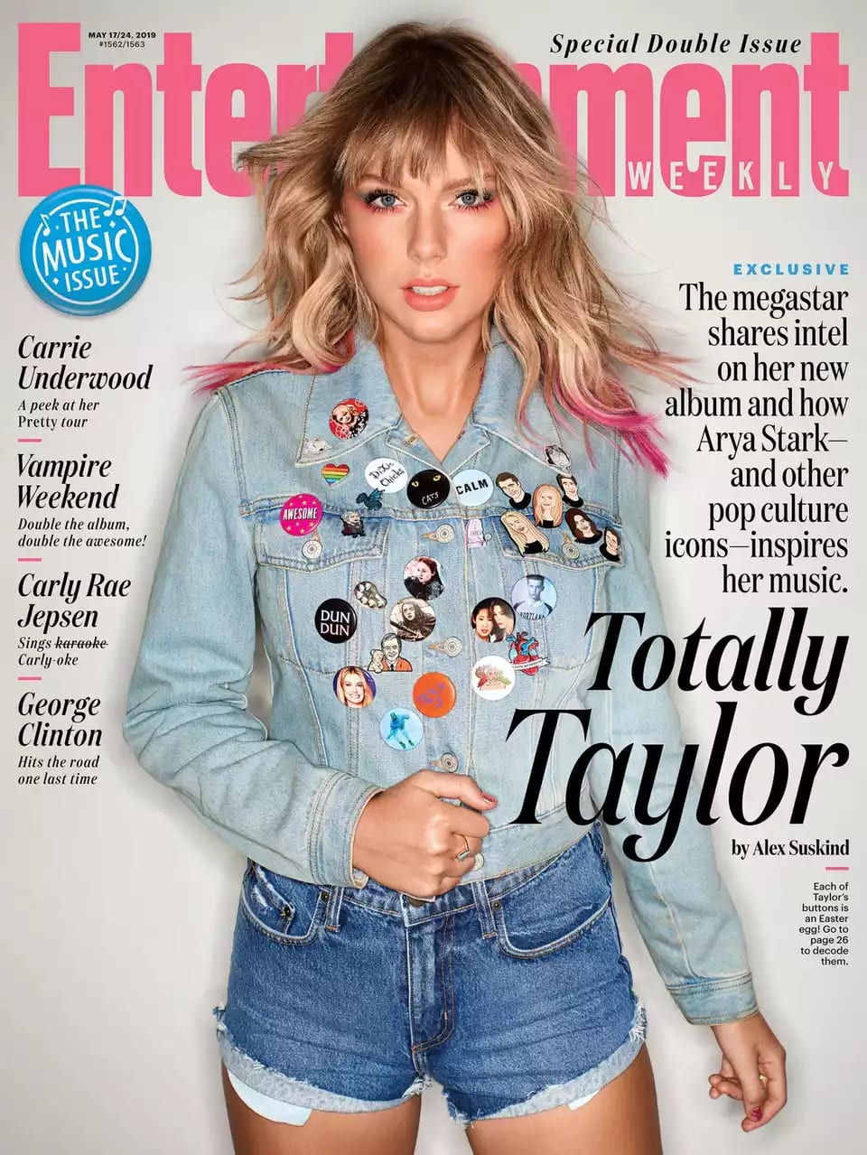Entertainment Weekly cover with Taylor Swift wearing lots of enamel pins