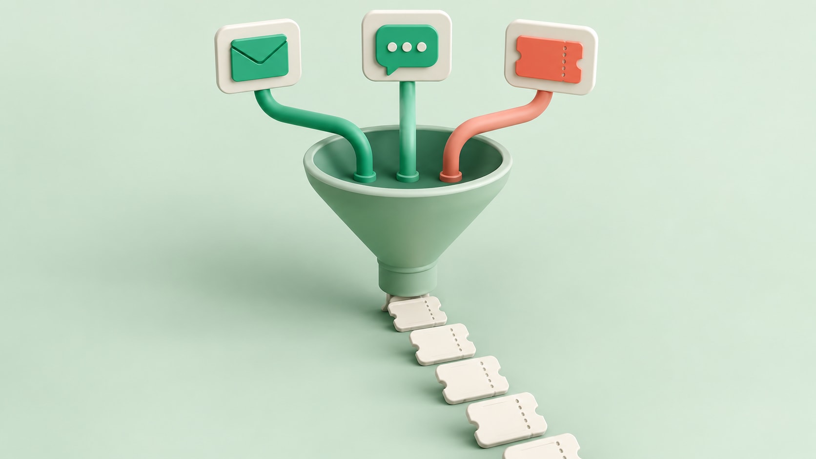 Email, live chat, and ticket channels flowing into a single funnel that feeds one support queue