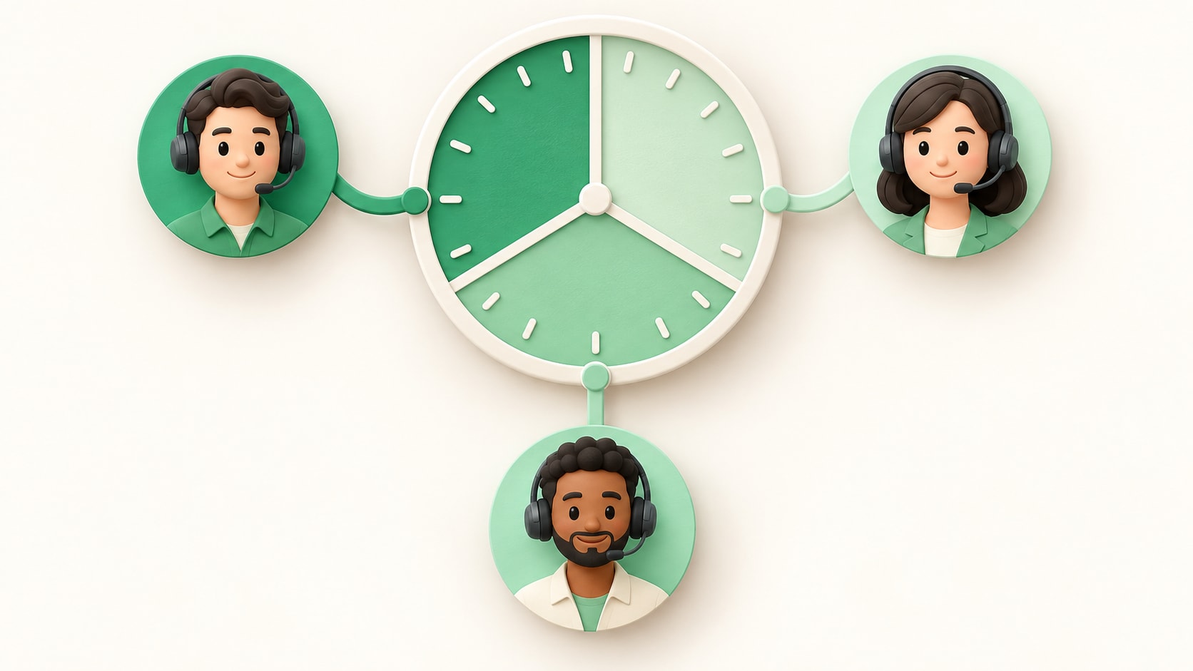 24-hour clock split into three coverage windows, each staffed by a support agent in a different time zone