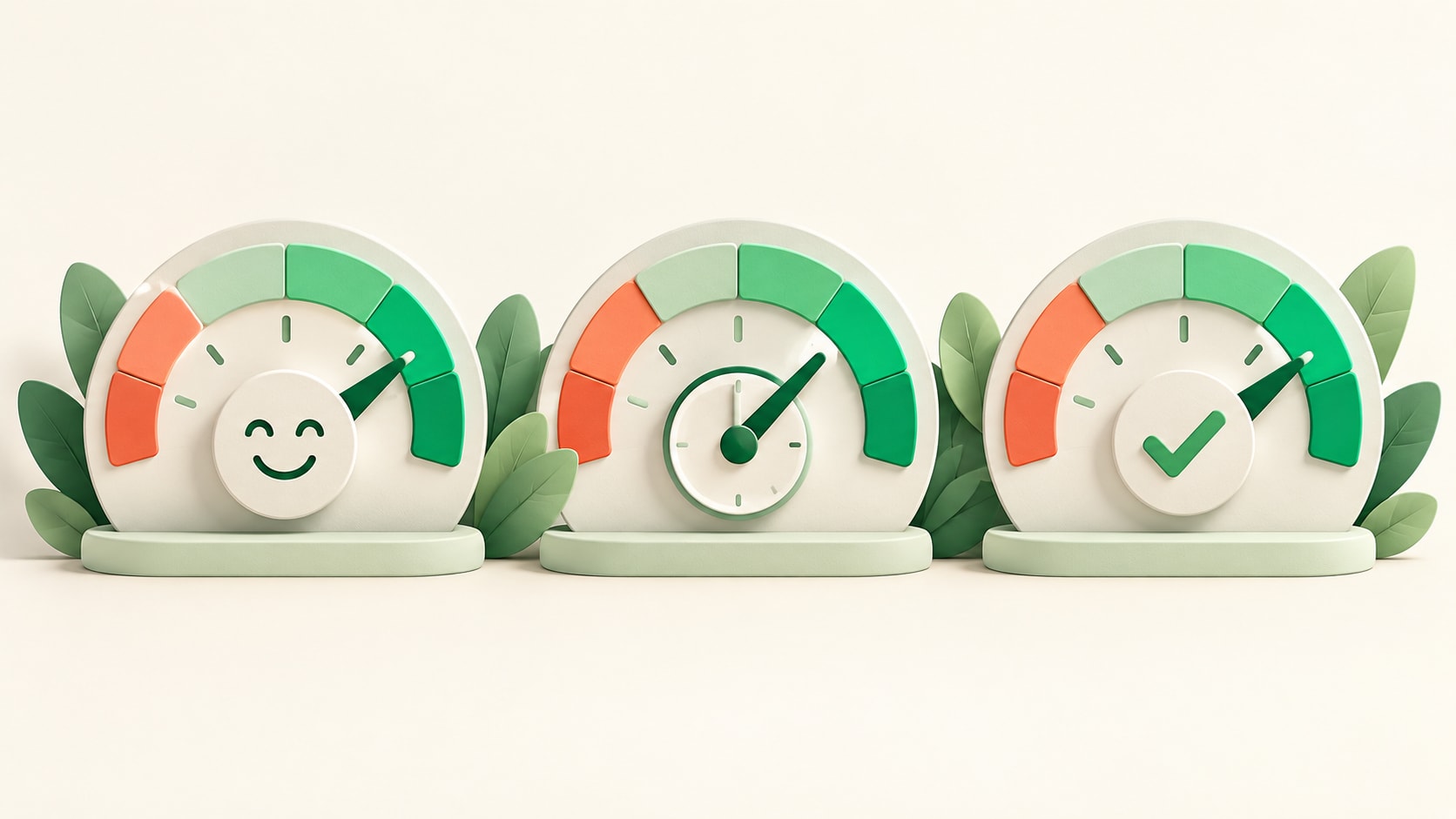 Three gauges for customer support KPIs: satisfaction, first response time, and resolution rate