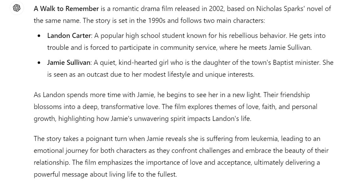 ChatGPT's description of the movie “A Walk to Remember”