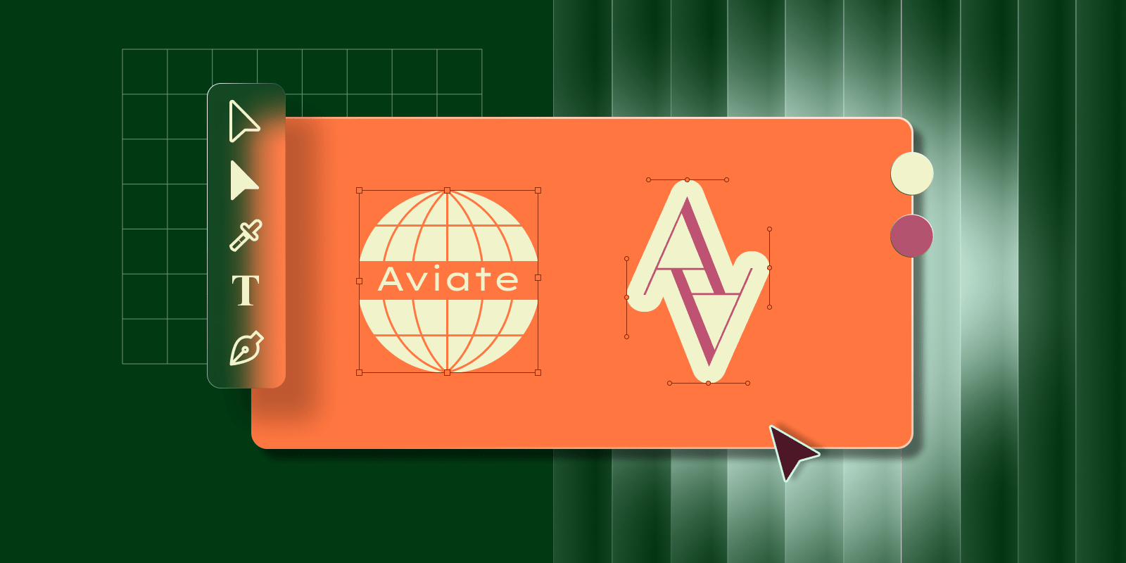 Graphic designs of a globe and stylized letters on an orange canvas