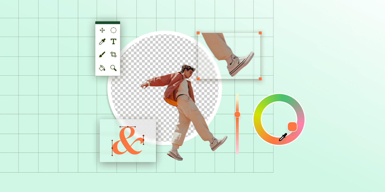 a graphic design interface showing a person being edited with various design tools and elements on a grid background