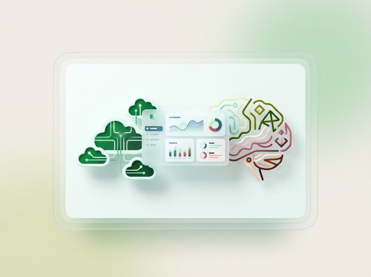 3D illustration of cloud infrastructure connected to an analytics dashboard with charts and performance metrics