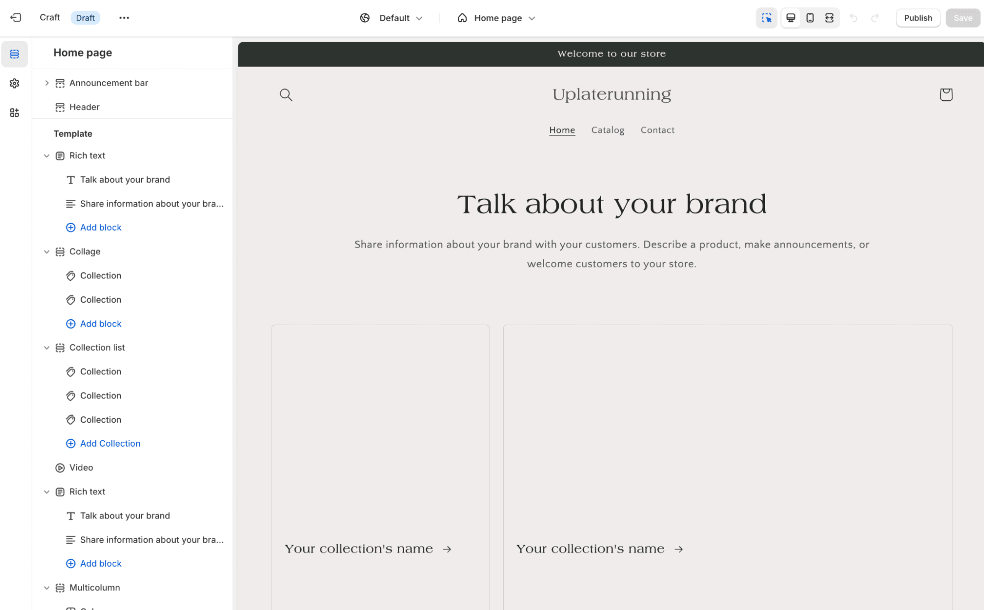 Shopify’s ecommerce website builder UI with template for uplaterunning