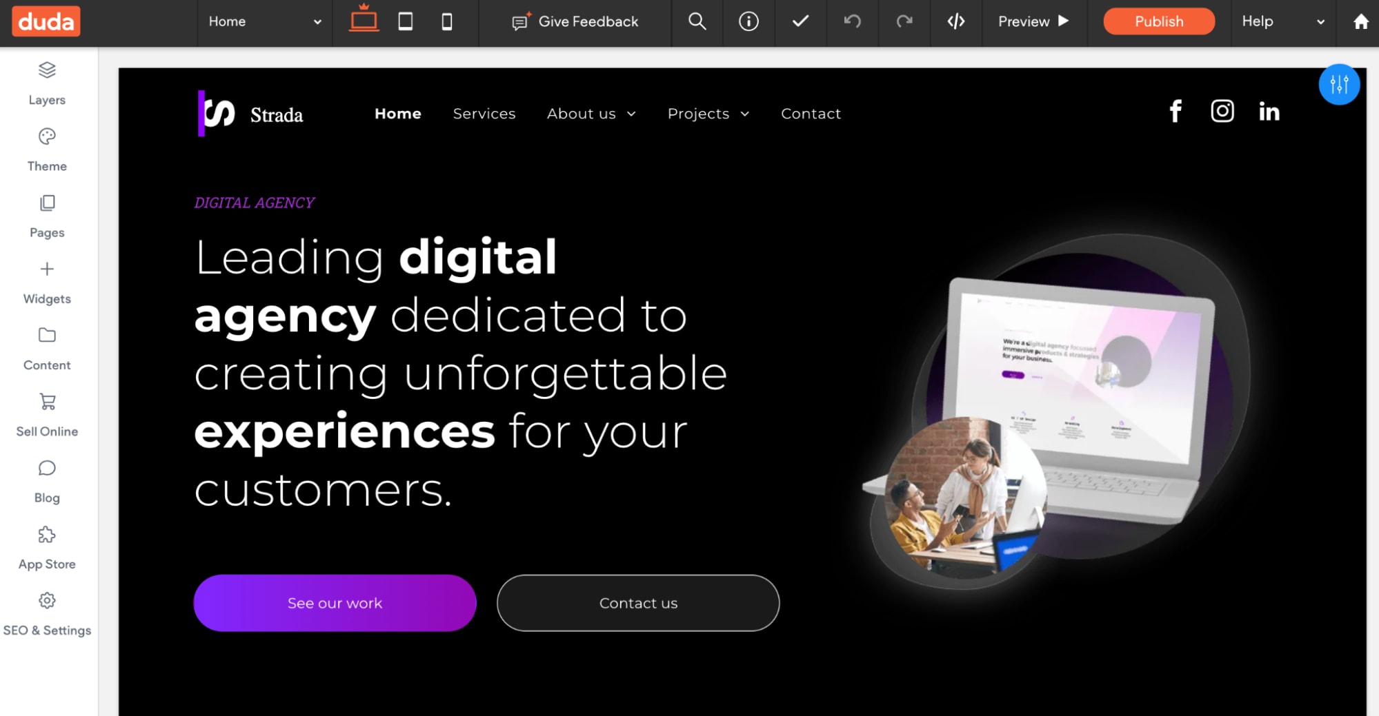 The Duda website builder dashboard with a template for agency owners