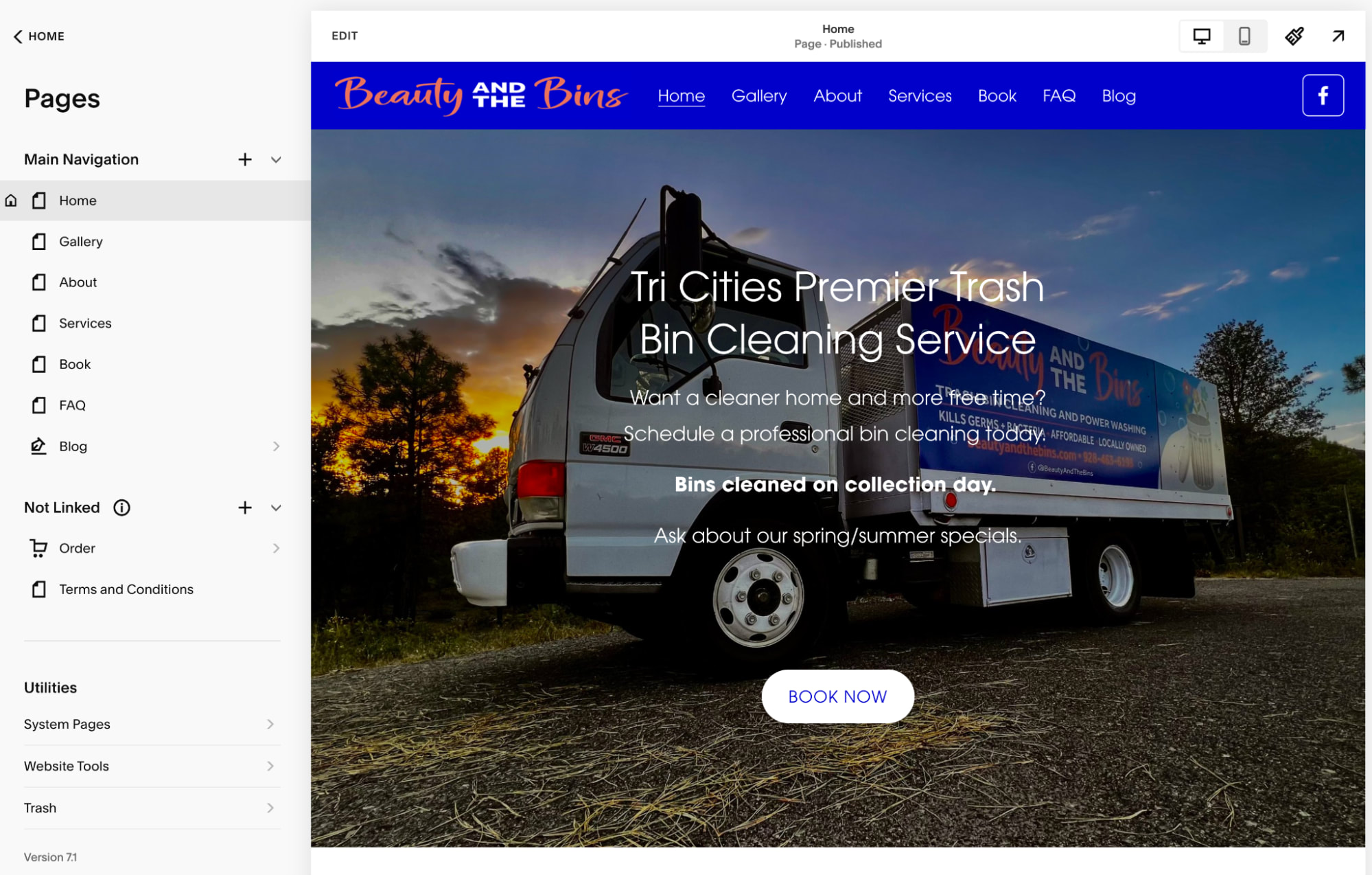 The website builder UI for Squarespace for the brand Beauty and The Bins