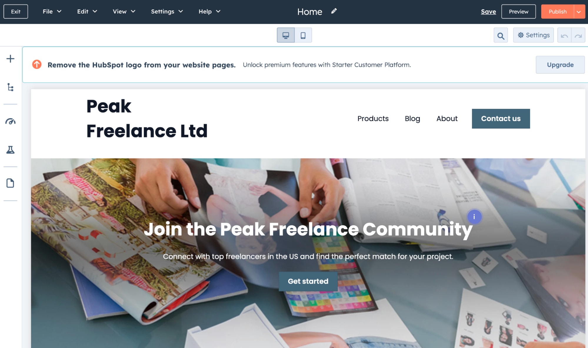 Hubspot’s website builder featuring a website for a freelance writing community