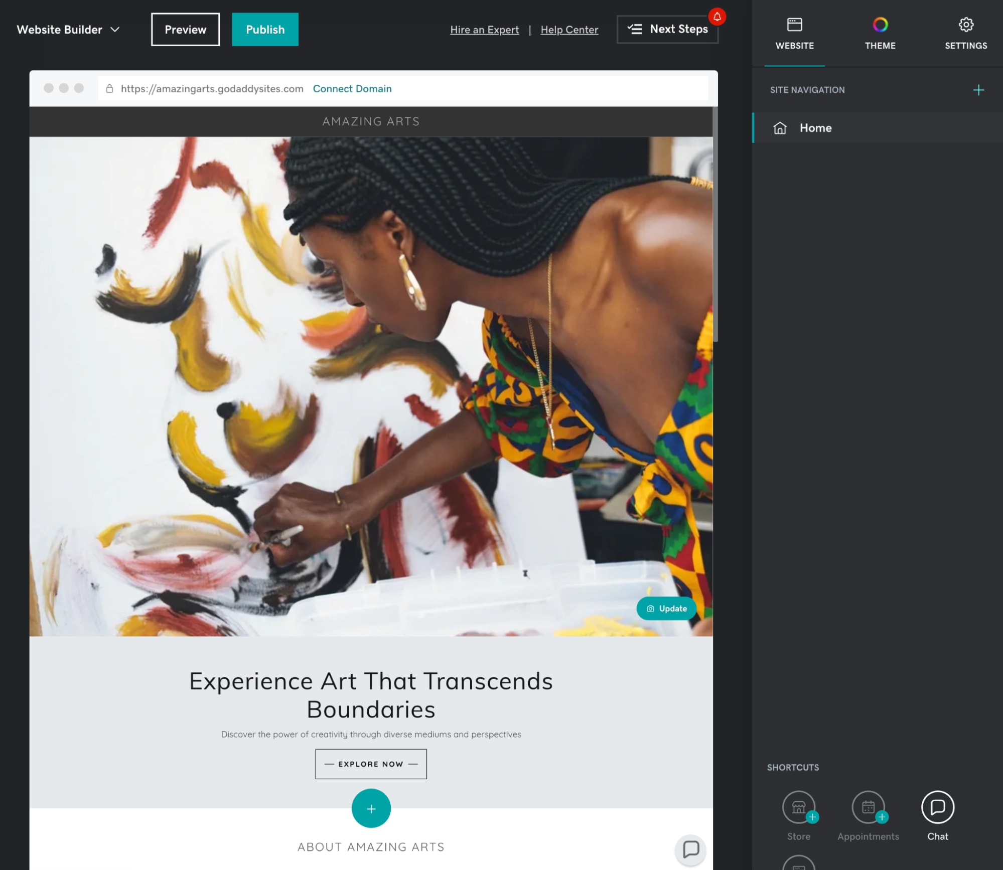 GoDaddy’s website builder UI with template for art brand