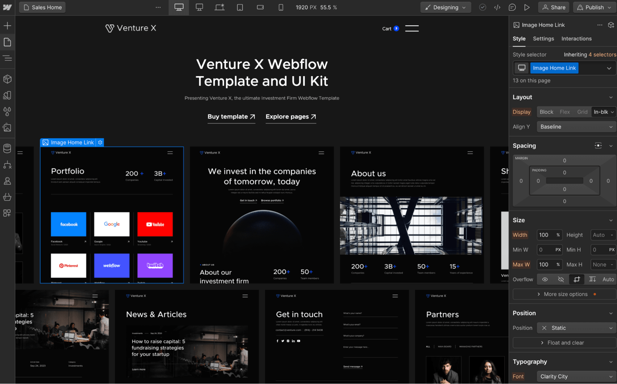 Webflow UI featuring various page design options for an investment company