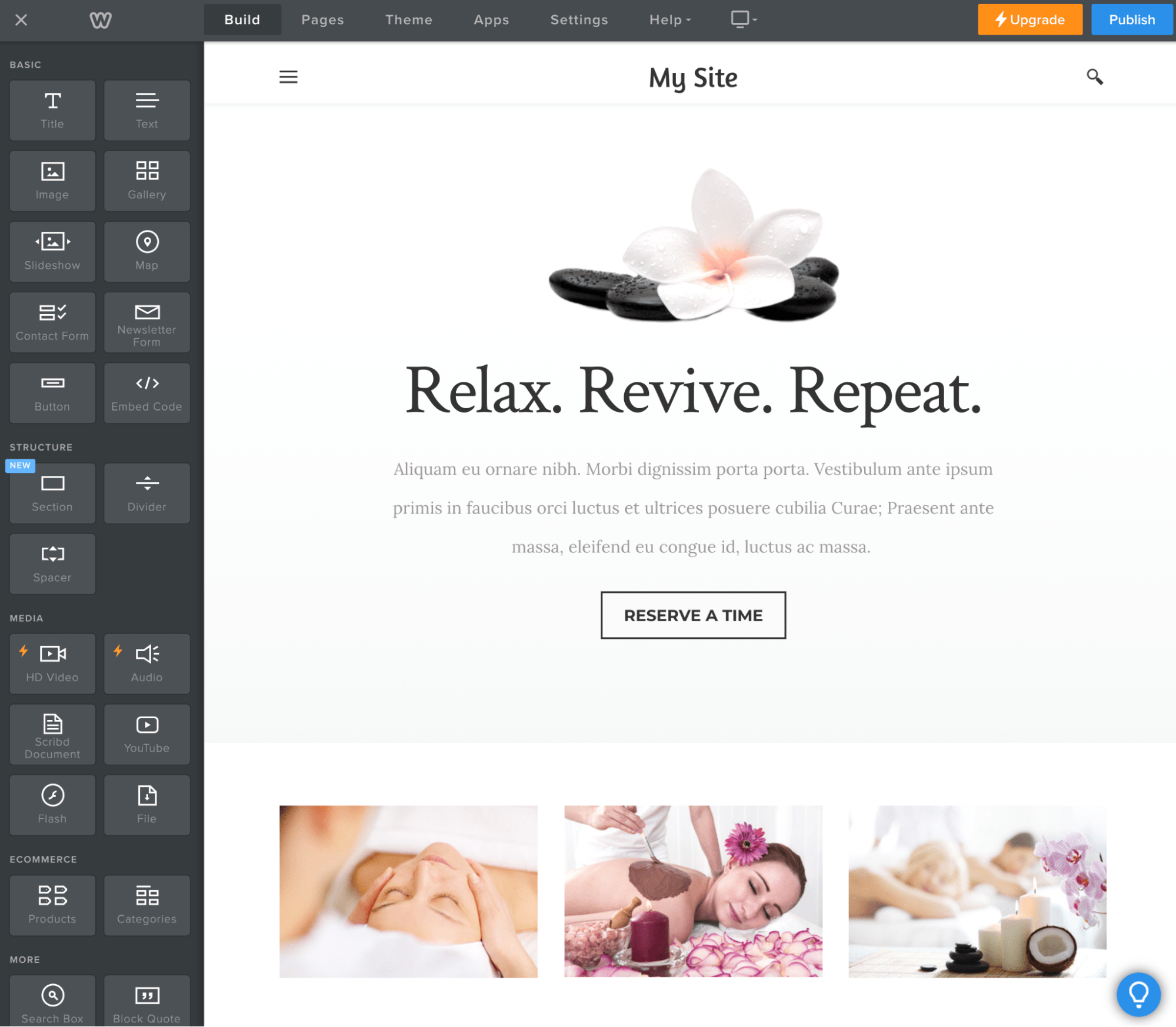 Weebly website builder featuring a website for a spa