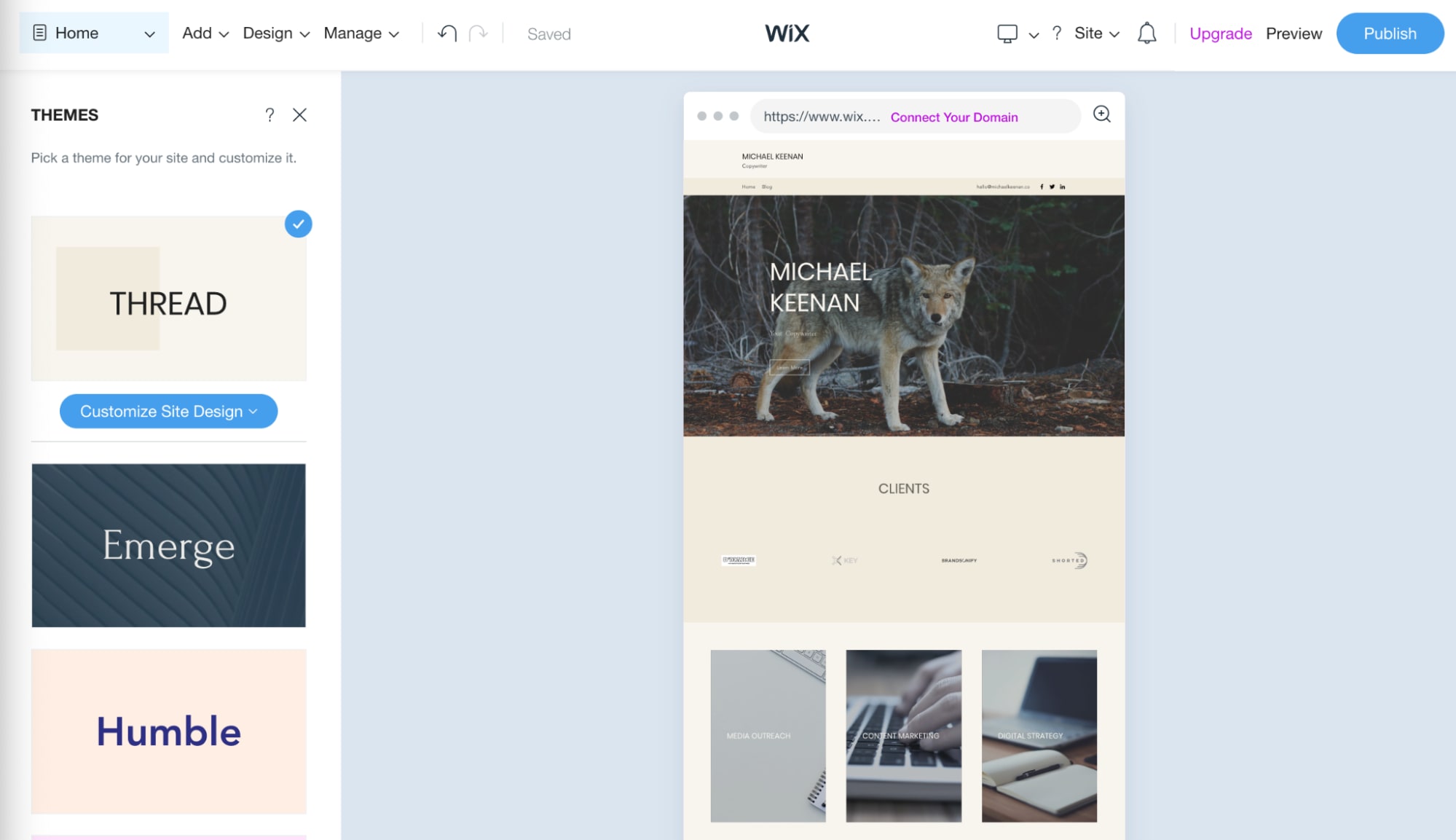Wix website builder dashboard featuring website for michael keenan