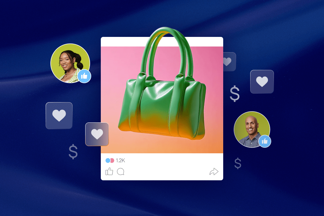Green handbag on a vibrant gradient background with likes, hearts, and profile icons in a social media shopping theme