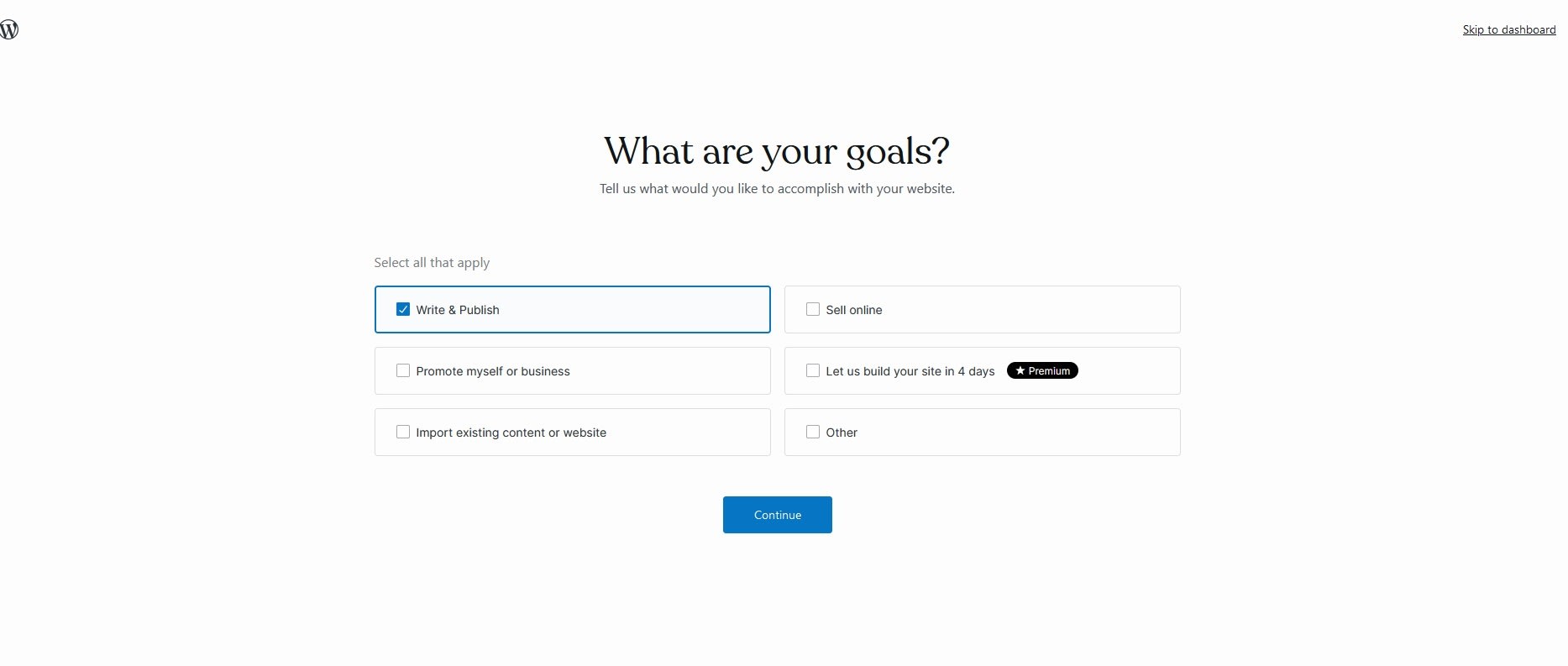 WordPress.com AI onboard wizard prompt