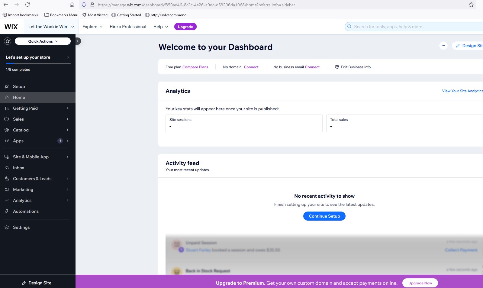 Wix dashboard welcome message