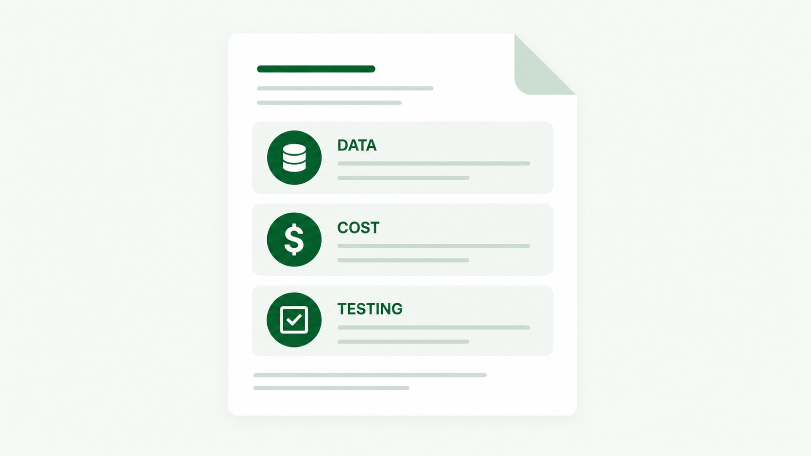 Project scope document with data, cost, and testing sections
