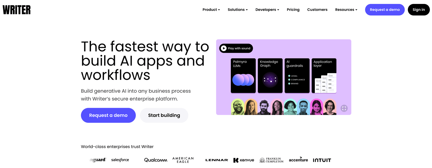 Homepage of Writer, an AI tool that lets you build custom AI stacks