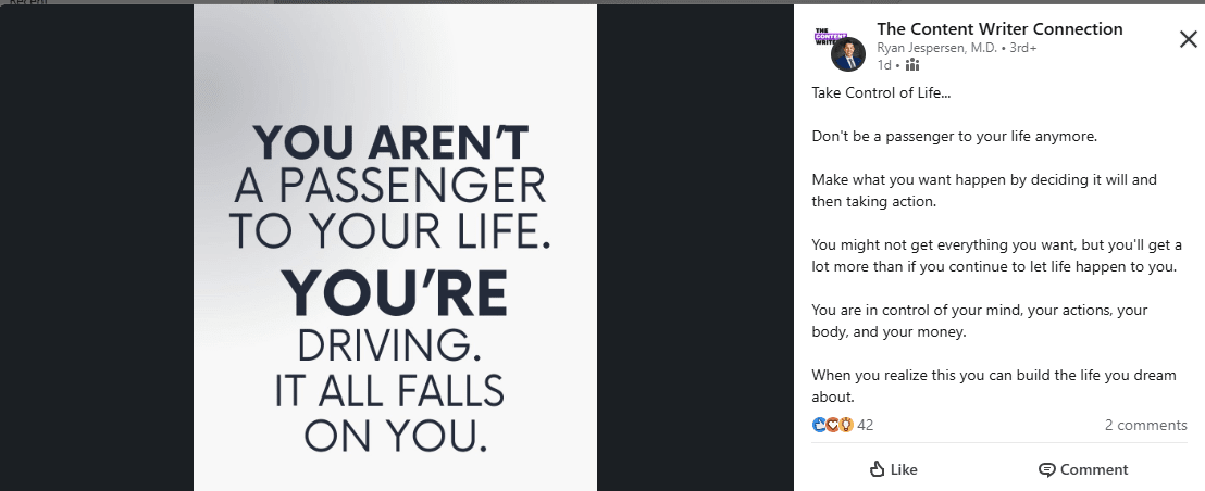 A LinkedIn post by Ryan Jespersen encouraging his audience to take control of their lives