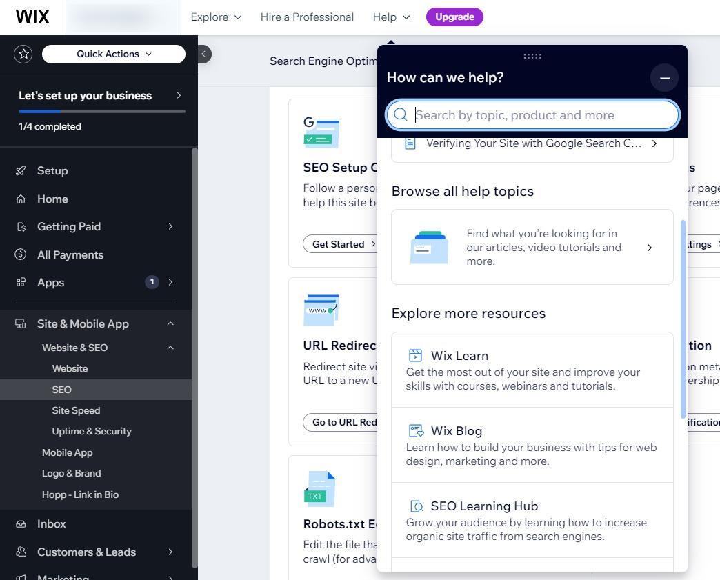 Help section on Wix