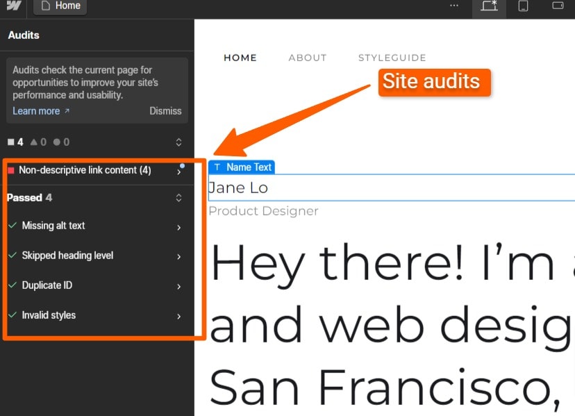 Webflow Audits section showing SEO errors