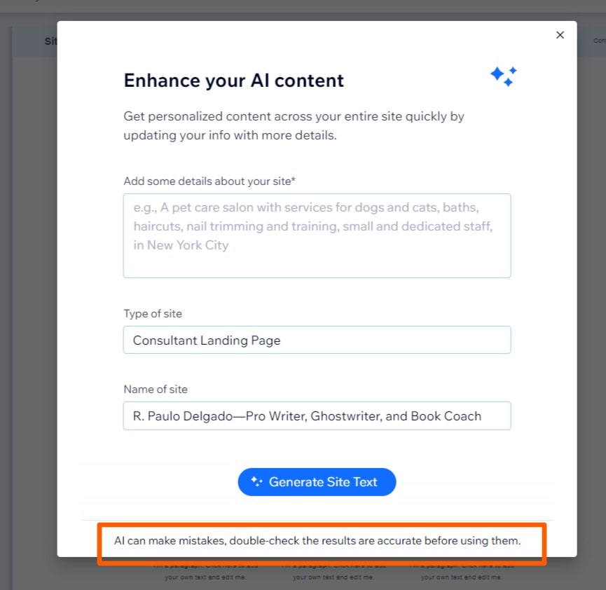 AI content generator on Wix