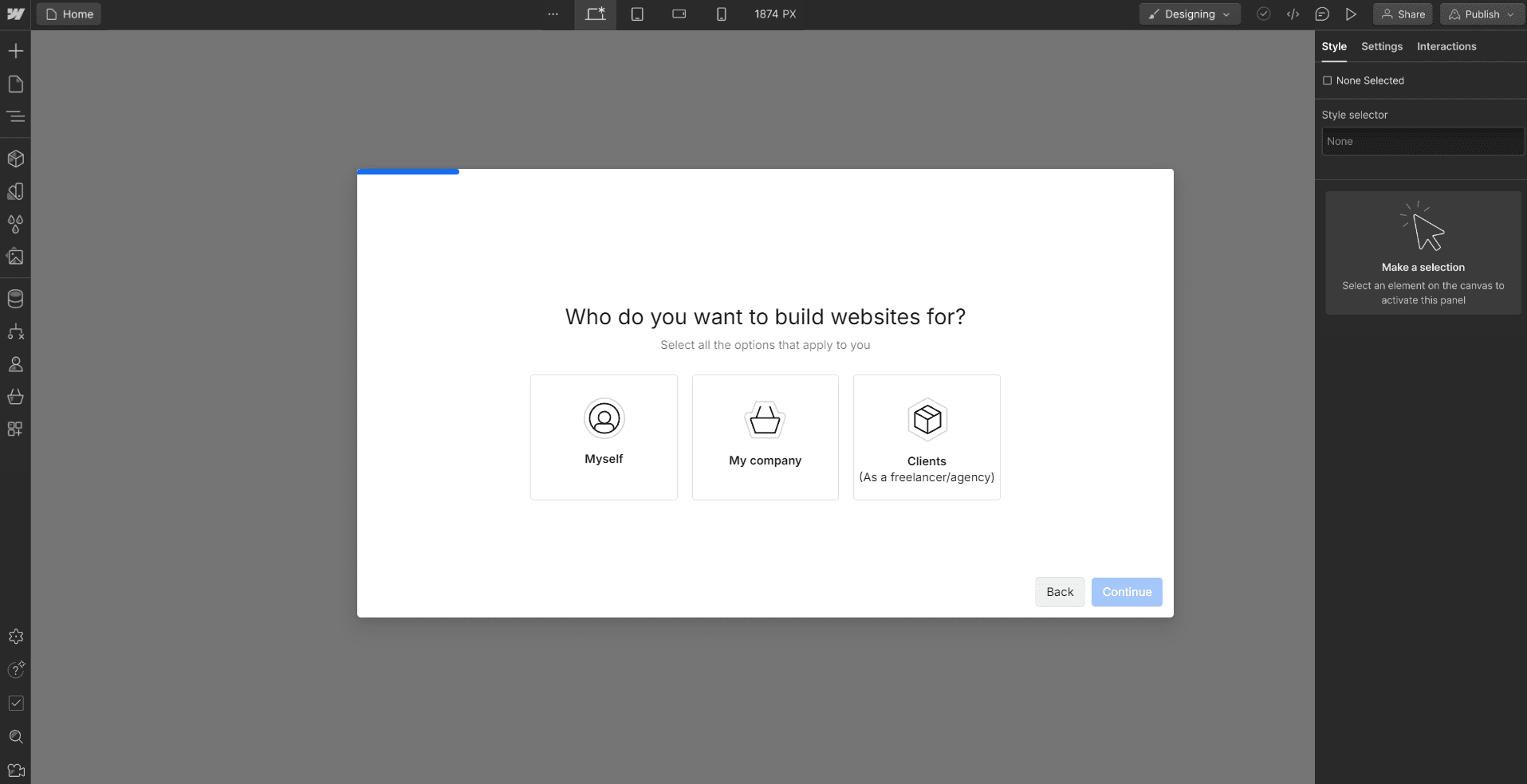 Webflow onboarding screen