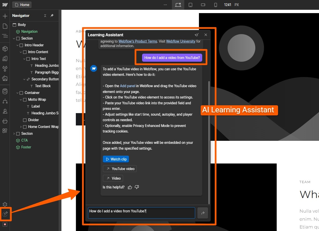 Webflow’s AI learning assistant