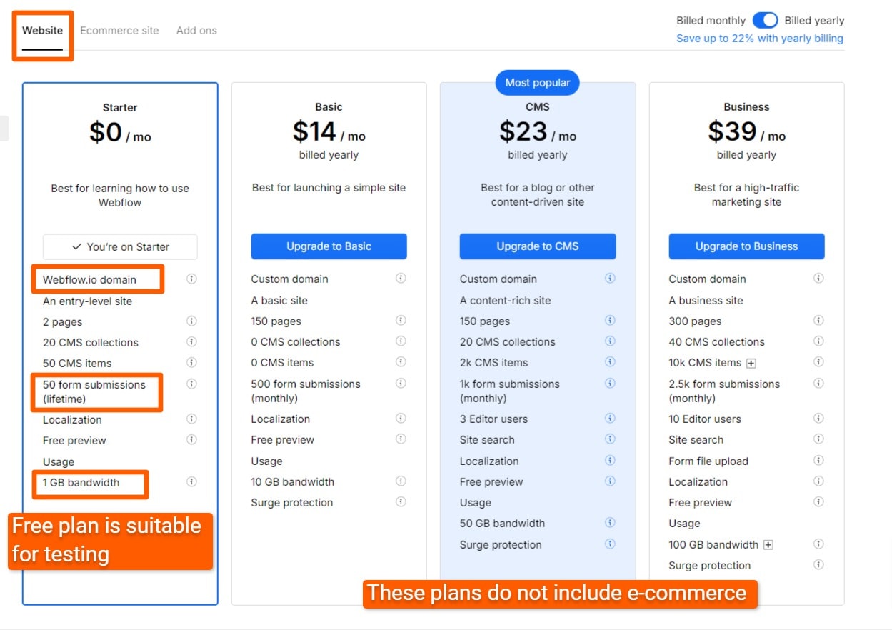 Pricing page on Webflow