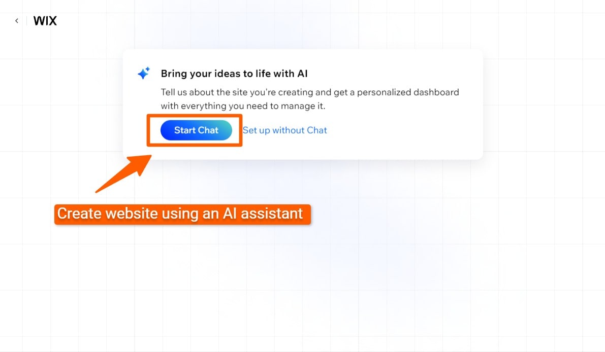 Wix screen to create a website with AI, with a button saying “Start Chat”