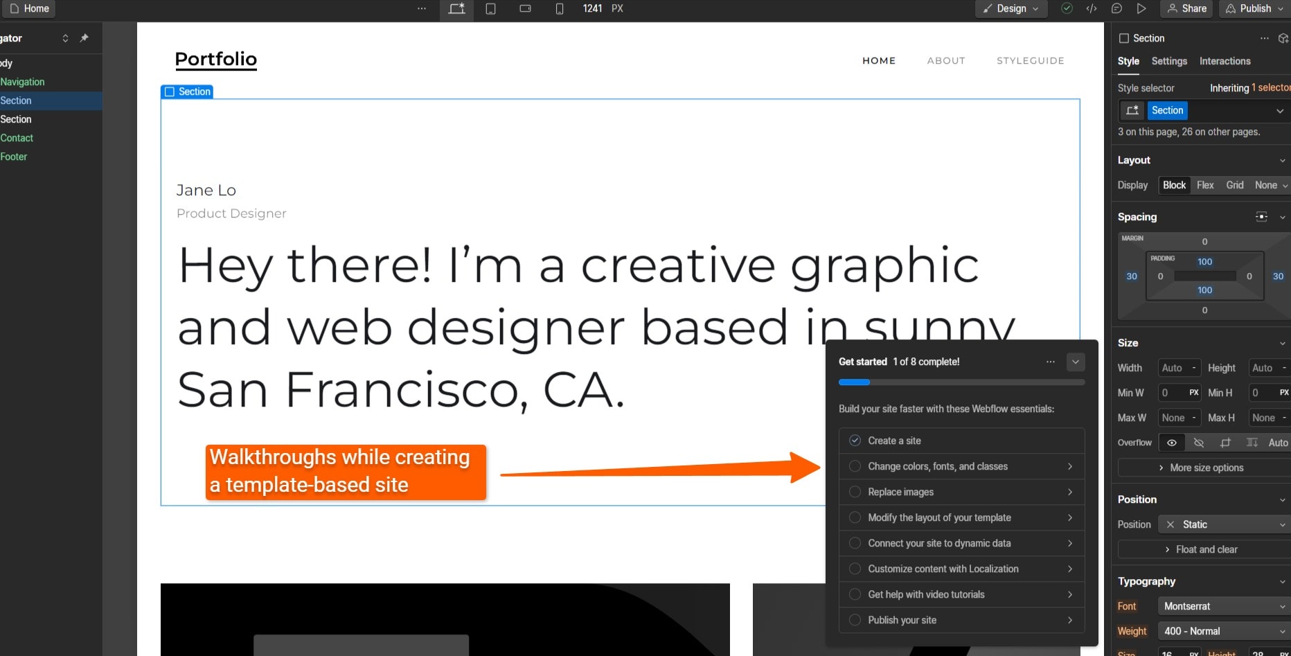 Webflow visual editor showing a message about what to do next