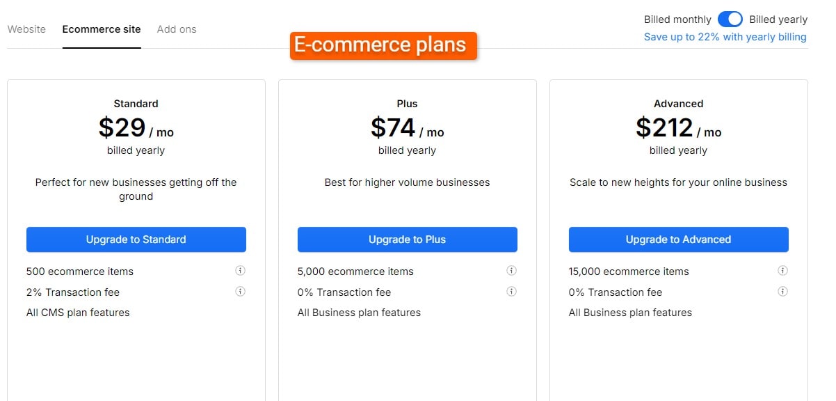 Ecommerce pricing page on Webflow