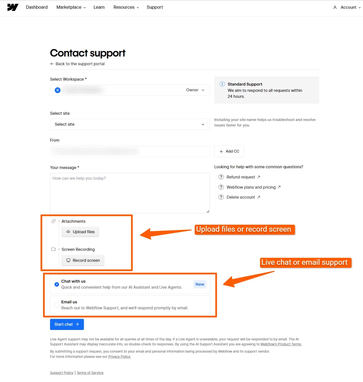The support contact page on Webflow