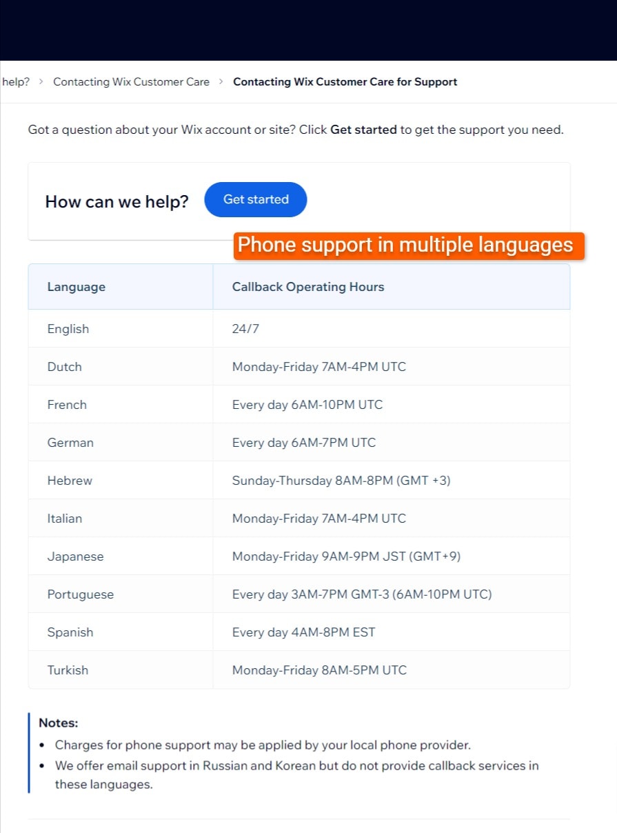 Phone support page on Wix