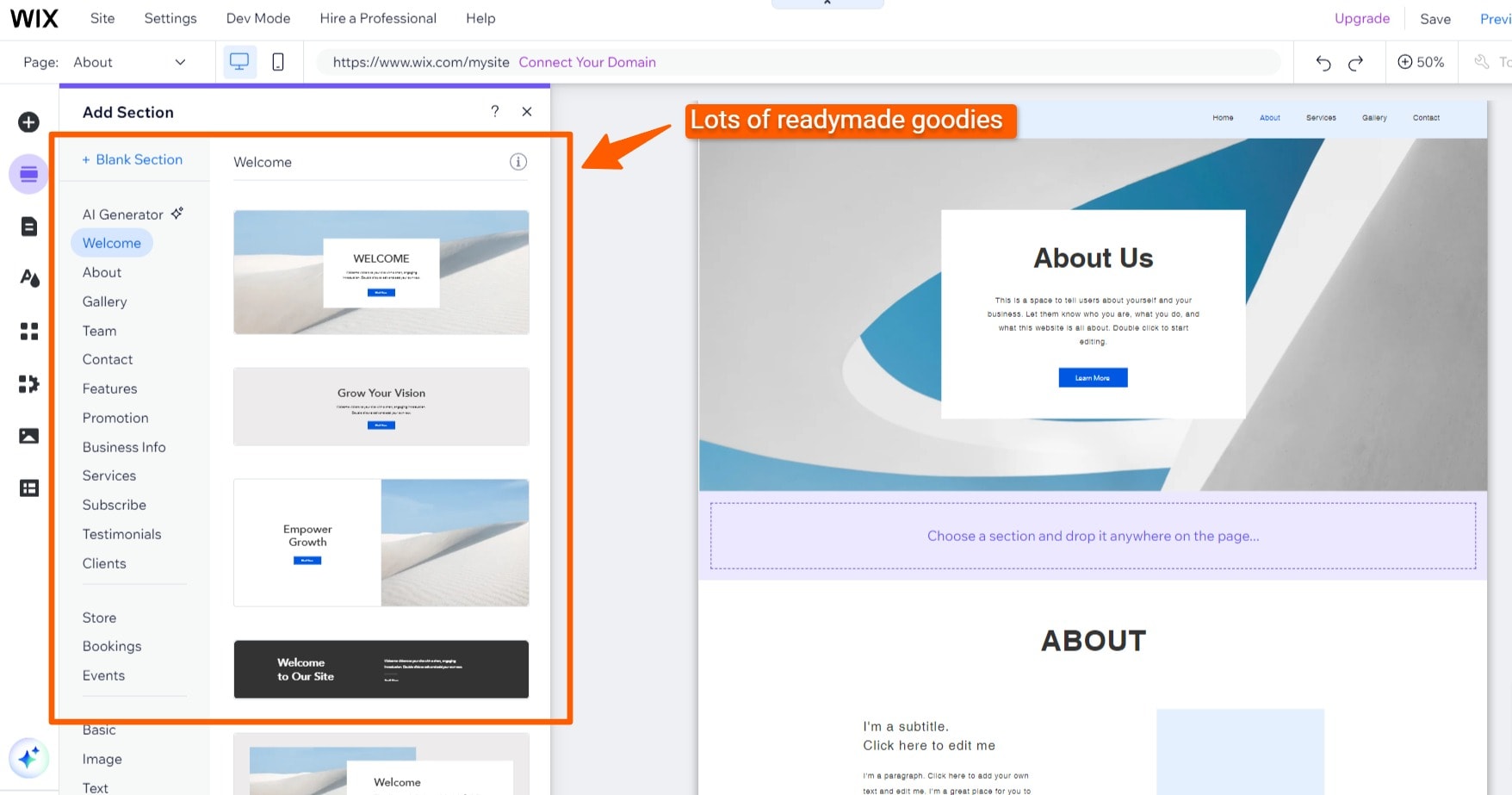 Wix visual editor showing ready-made components