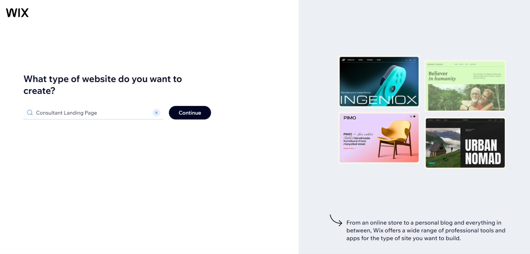 Wix website asking the user for the website category