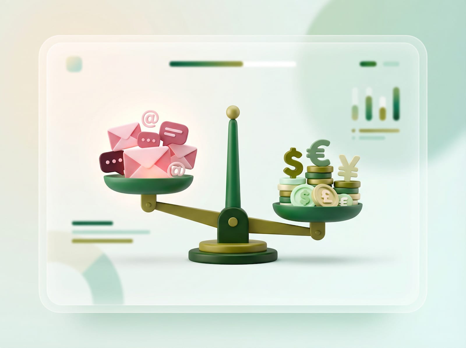 3D illustration of a balance scale weighing emails and messages against stacked coins and currency symbols