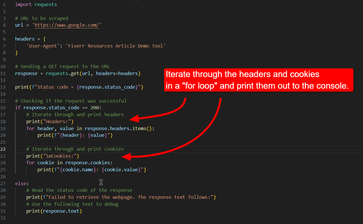 Python code for iterating through headers and cookies in a response. 