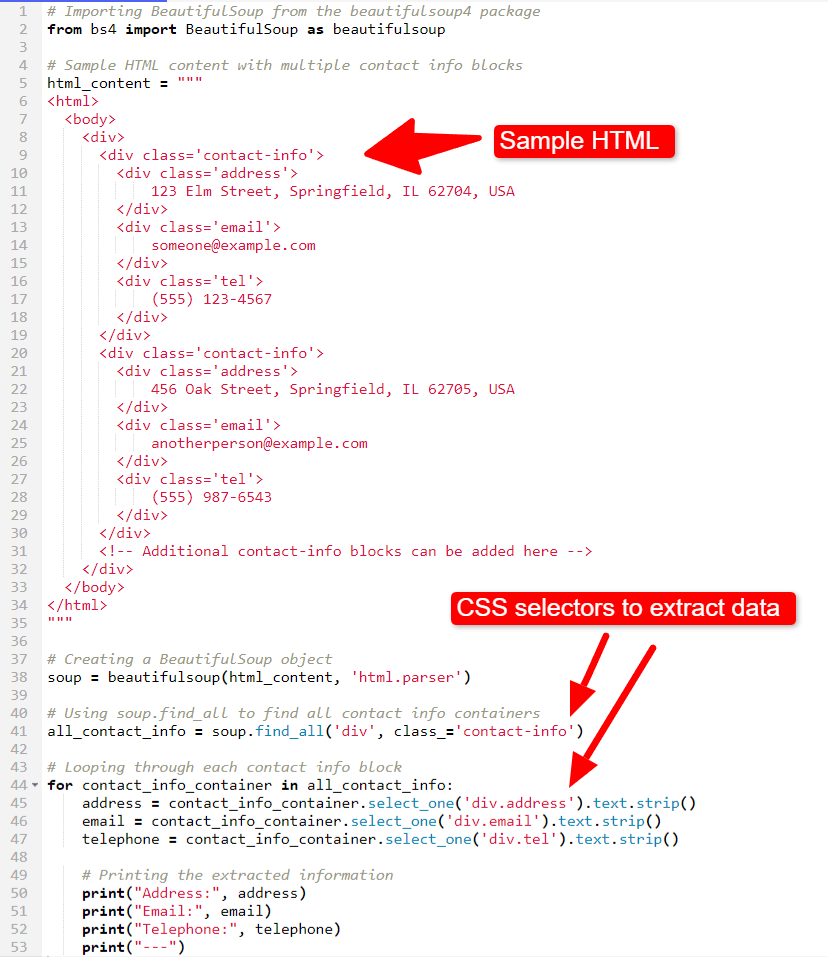 Python code sample showing how BeautifulSoup can parse HTML.