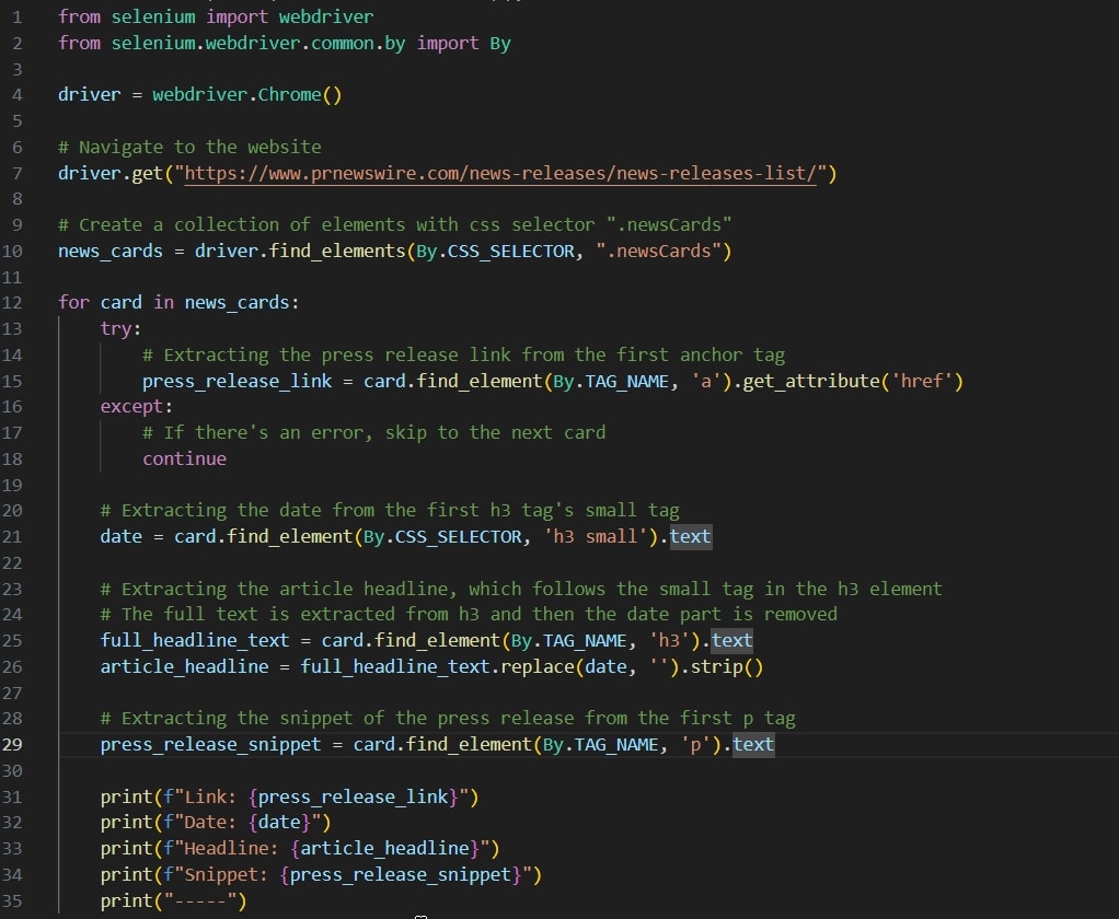 Selenium code sample to scrape press releases. 