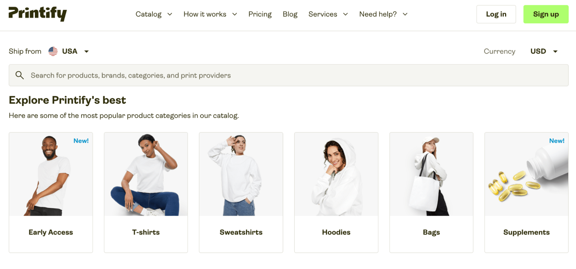 Printify product categories including early access, t-shirts, sweatshirts, hoodies, bags, and supplements