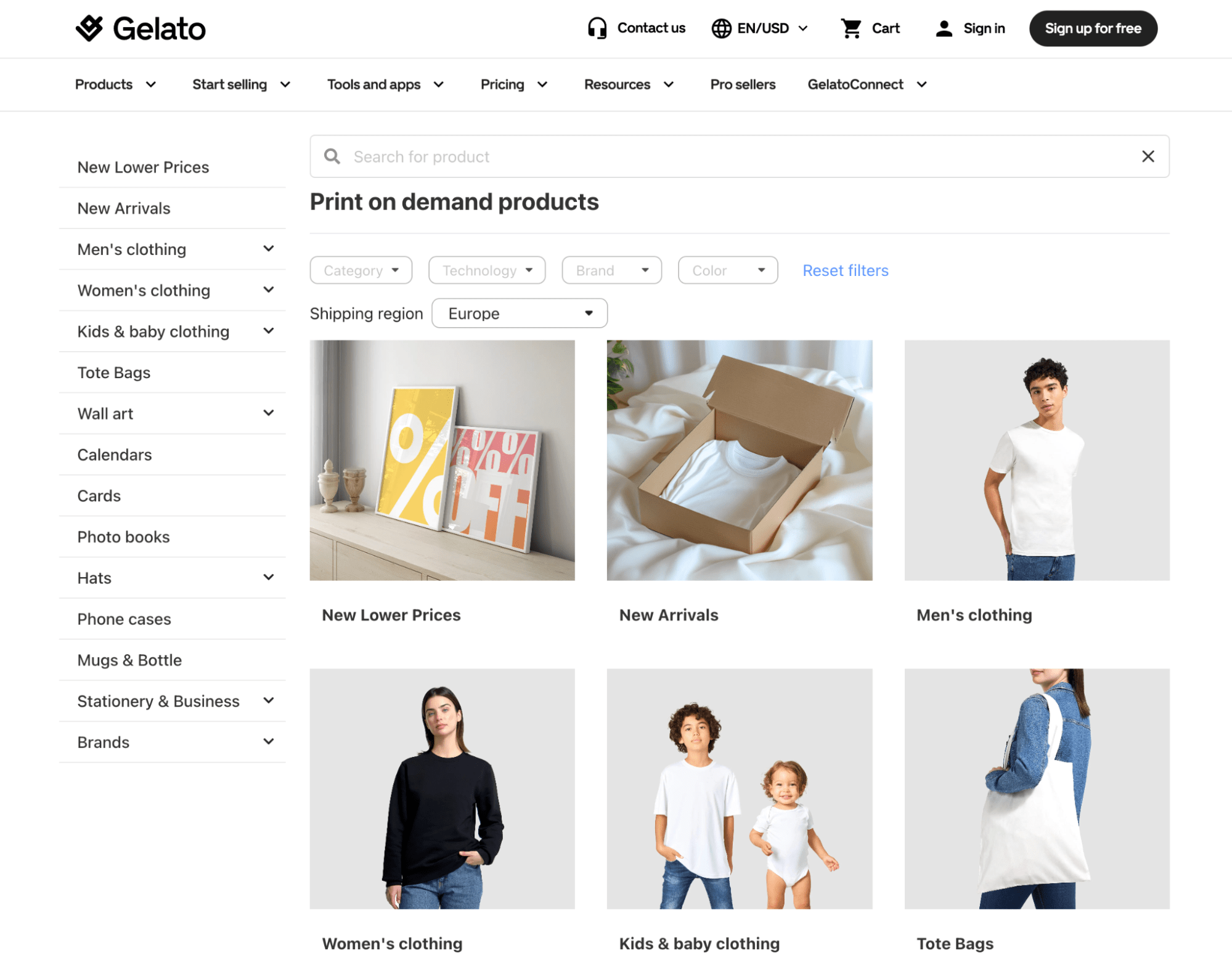 Gelato print-on-demand products page showing new arrivals, clothing, and tote bag categories