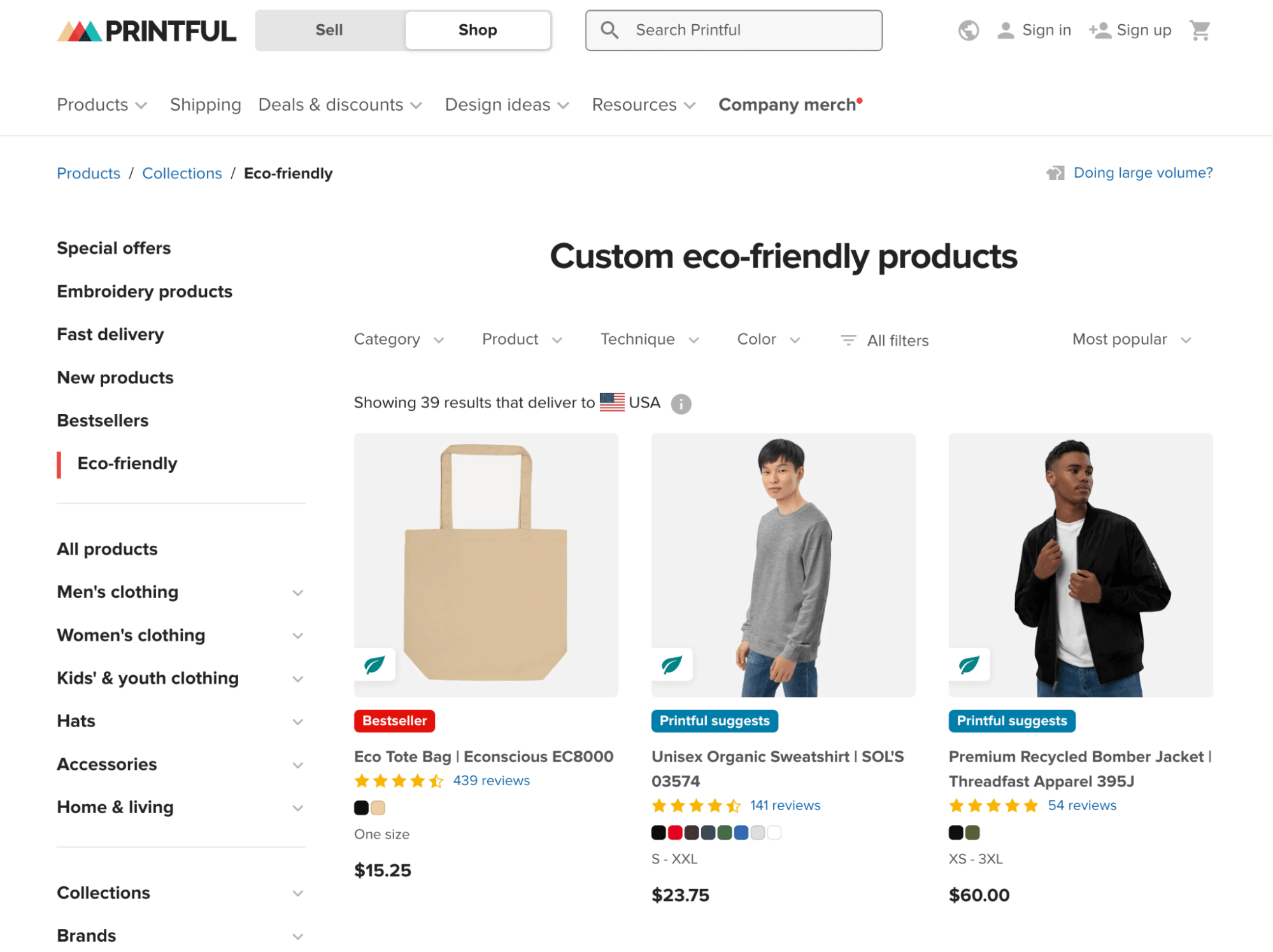 Printful eco-friendly products page featuring tote bag, sweatshirt, and recycled bomber jacket options