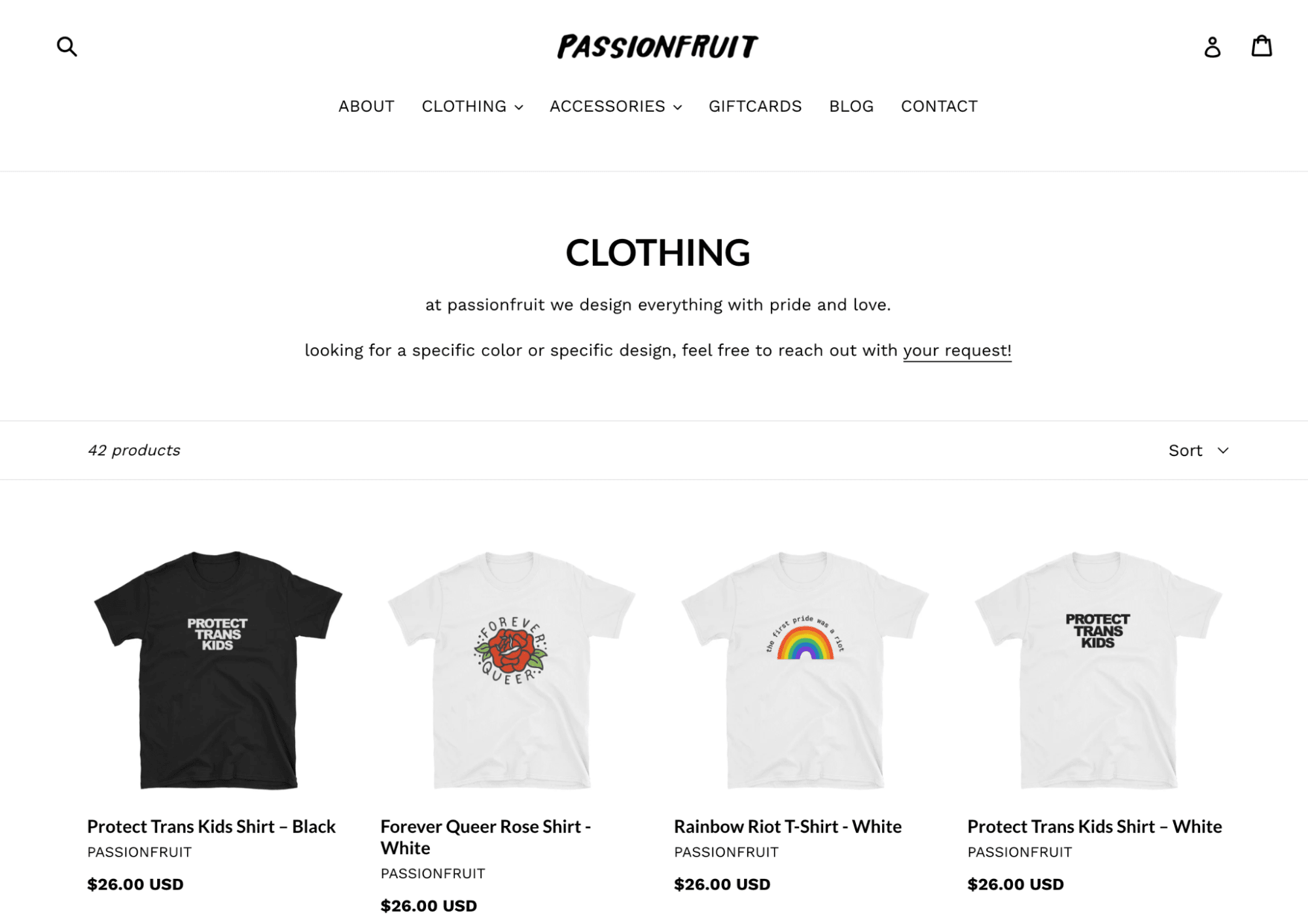 Passionfruit clothing page showcasing inclusive t-shirts like Protect Trans Kids and Forever Queer